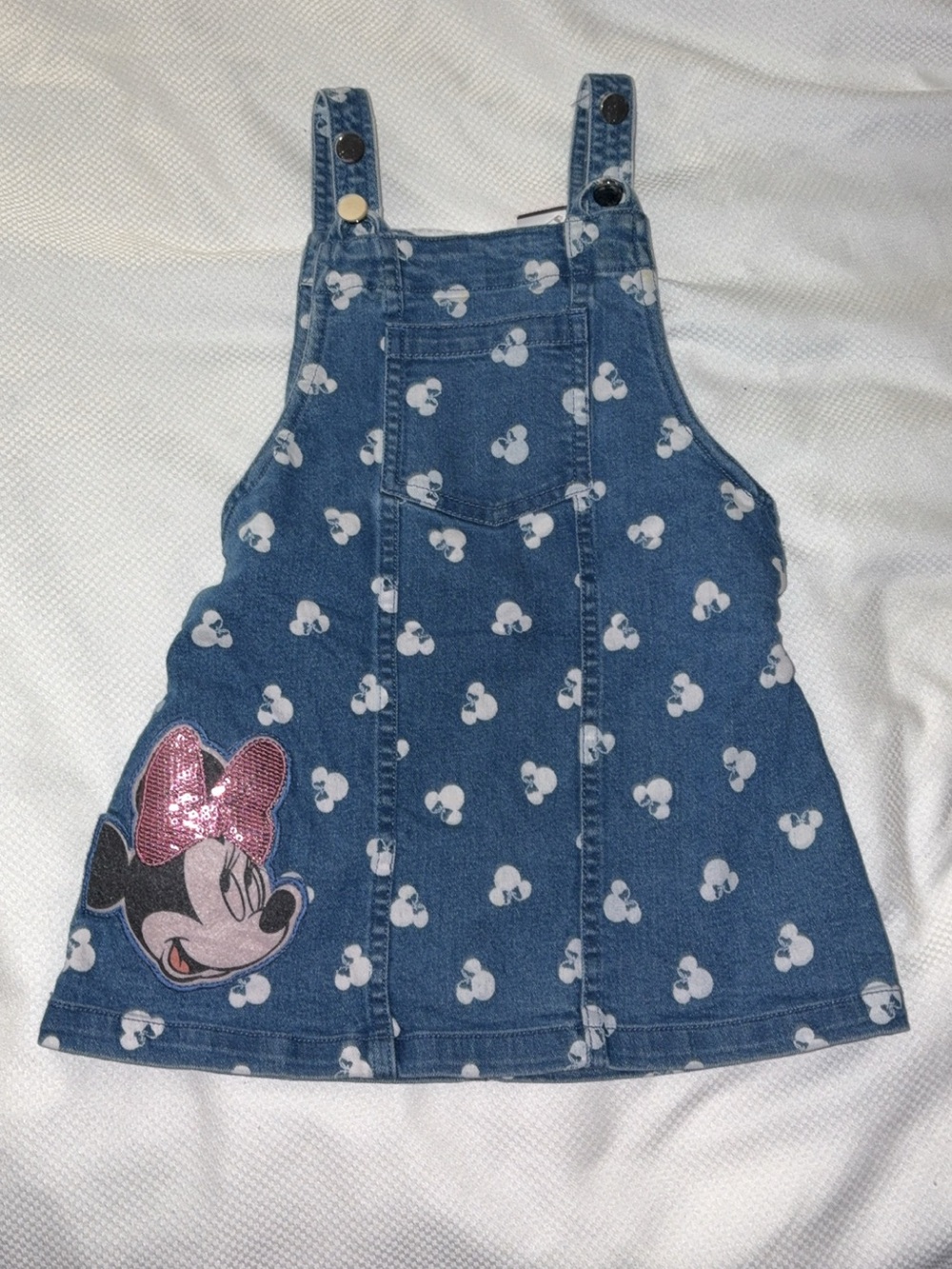 Disney Juniors Minnie Mouse Denim Overall Dress Sequin Bow Print Jumper 2-3 Yrs